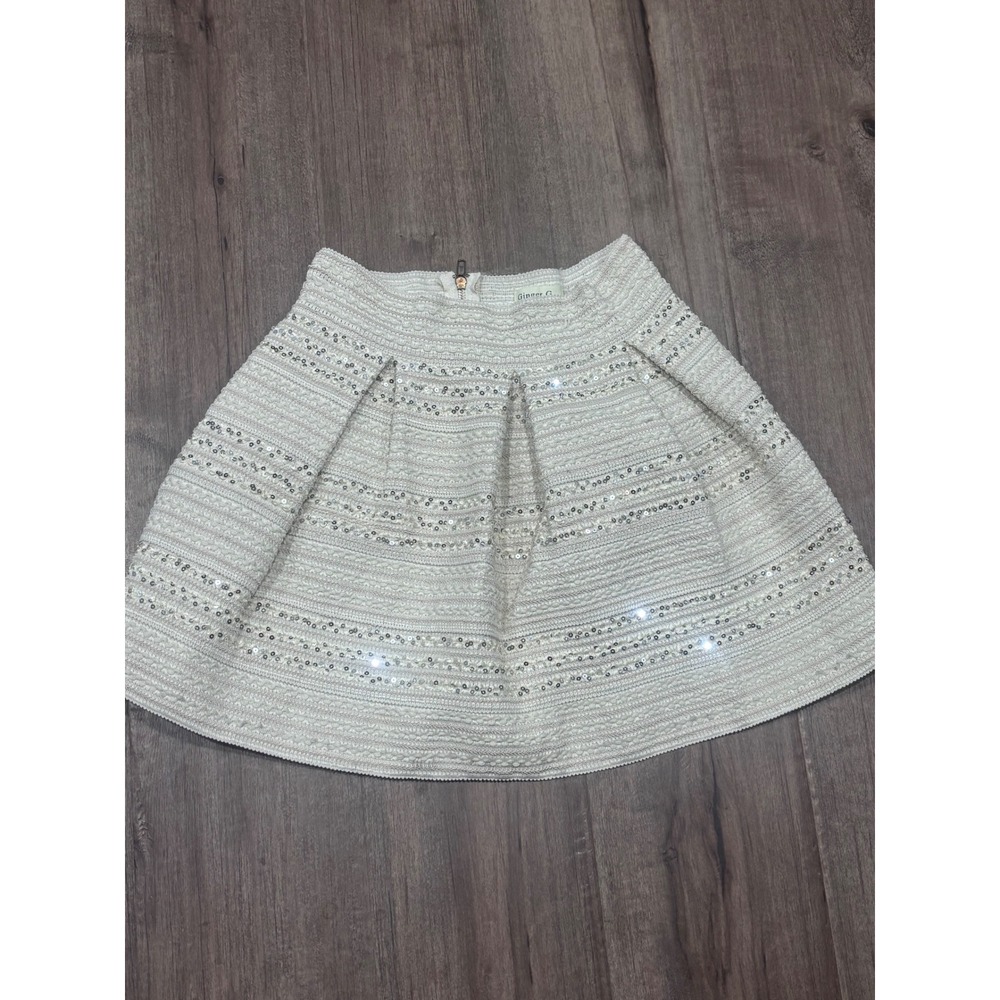 Ginger G Cream Sequin Textured Pleated Mini Skirt Ivory Silver Sparkle Size M